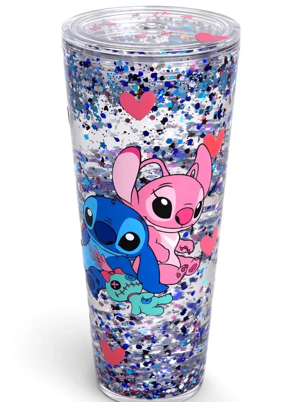 Disney Glitter Tumbler with Blue Stitch and Pink Angel Hearts [Custom Made]